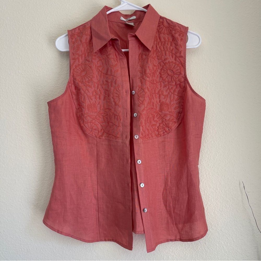 Edward Linen Top Coral Salmon Embroidered Sleeveless Button Down